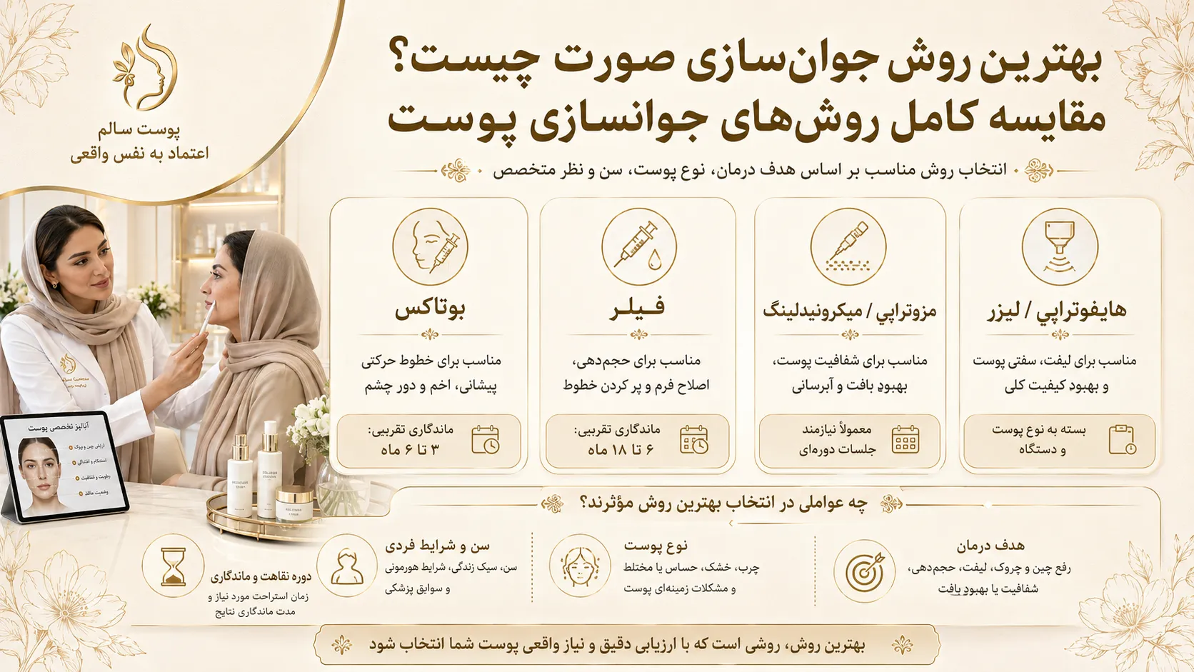 بهترین روش جوان‌سازی صورت چیست؟ مقایسه کامل روش‌های جوانسازی پوست